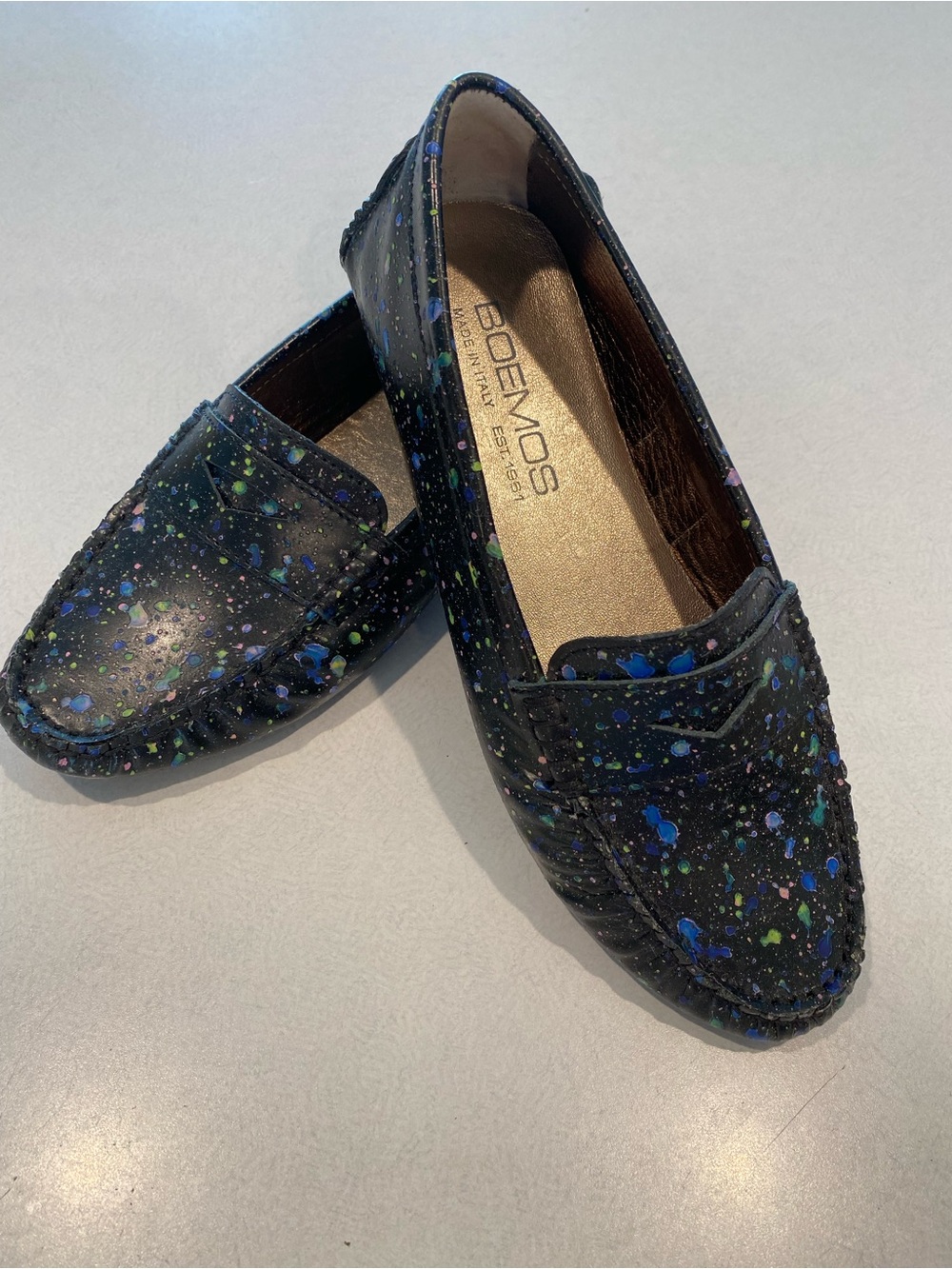BOEMOS Italy Black Paint Splatter Leather Driving Loafers Shoes 36 US 6